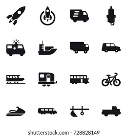16 vector icon set : rocket, delivery, spark plug, train, trailer, bus, bike, jet ski, plow, pickup