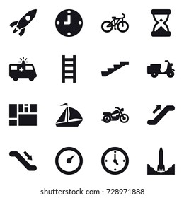 16 vector icon set : rocket, clock, bike, stairs, sail boat, motorcycle, escalator, barometer, watch