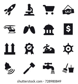 16 vector icon set : rocket, microscope, cart, sale, goverment house, surfer, handwheel, bell, meat hammer, water tap, bucket and broom