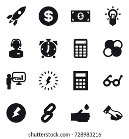 16 vector icon set : rocket, dollar, money, bulb, call center, alarm clock, calculator, atom core, presentation, lightning, electricity, hand drop, wiping