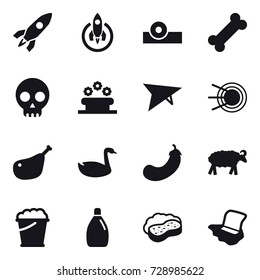 16 vector icon set : rocket, flower bed, deltaplane, goose, eggplant, sheep, foam bucket, cleanser, sponge with foam, floor washing