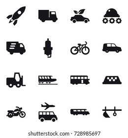 16 vector icon set : rocket, truck, eco car, lunar rover, delivery, spark plug, bike, train, bus, taxi, motorcycle, transfer, plow