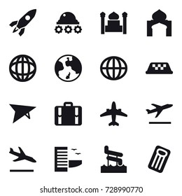 16 vector icon set : rocket, lunar rover, minaret, earth, globe, taxi, deltaplane, suitcase, airplane, departure, arrival, hotel, aquapark, inflatable mattress