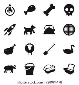 16 vector icon set : rocket, chicken leg, dog, kettle, sheep, shovel, goose, foam bucket, sponge with foam, floor washing