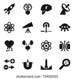 16 vector icon set : rocket, bulb brain, brain, satellite antenna, atom, telescope, laser, ufo, cardio chip, viruses