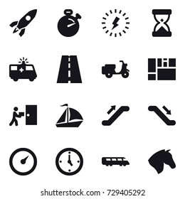 16 vector icon set : rocket, stopwatch, lightning, sail boat, escalator, barometer, watch, horse 16 vector icon set : rocket, stopwatch, lightning, sail boat, escalator, barometer, watch, horse