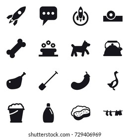 16 vector icon set : rocket, message, flower bed, dog, kettle, shovel, eggplant, goose, foam bucket, cleanser, sponge with foam, drying clothe