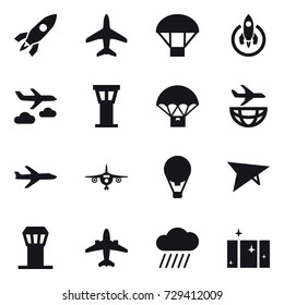 16 vector icon set : rocket, plane, parachute, journey, airport tower, air ballon, deltaplane, airplane, rain cloud, clean  window