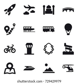 16 vector icon set : rocket, journey, minaret, bridge, train, bus, air ballon, bike, airport tower, hawaiian wreath, aquapark, map, yacht, landscape