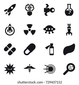 16 vector icon set : rocket, bulb brain, satellite, round flask, nuclear, ufo, dna modify, viruses