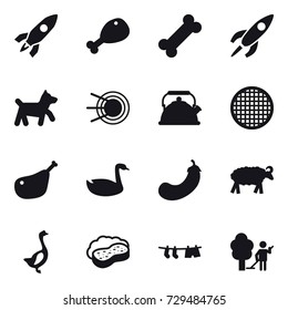 16 vector icon set : rocket, chicken leg, dog, kettle, goose, eggplant, sheep, sponge with foam, drying clothe, garden cleaning