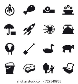 16 vector icon set : rocket, chicken leg, flower bed, kettle, sheep, shovel, goose, foam bucket, sponge with foam, garden cleaning, floor washing