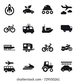 16 vector icon set : rocket, eco car, lunar rover, journey, bike, train, trailer, motorcycle, transfer, jet ski, tractor, car wash