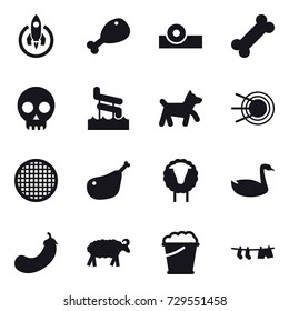 16 vector icon set : rocket, chicken leg, aquapark, dog, sheep, goose, eggplant, foam bucket, drying clothe