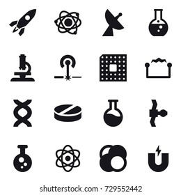 16 vector icon set : rocket, atom, satellite antenna, round flask, microscope, laser, cpu, electrostatic