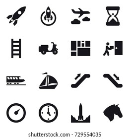 16 vector icon set : rocket, journey, stairs, train, sail boat, escalator, barometer, watch, horse