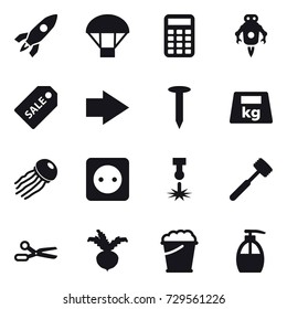 16 vector icon set : rocket, parachute, calculator, jet robot, sale label, right arrow, nail, jellyfish, power socket, meat hammer, scissors, beet, foam bucket, liquid soap