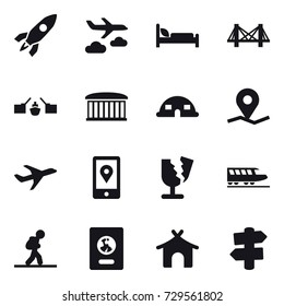 16 vector icon set : rocket, journey, bridge, drawbridge, airport building, dome house, train, tourist, passport, bungalow, signpost
