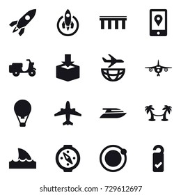 16 vector icon set : rocket, bridge, plane, air ballon, airplane, yacht, palm hammock, shark flipper, compass, please clean