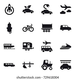 16 vector icon set : rocket, eco car, electric car, journey, spark plug, bike, train, trailer, transfer, jet ski, plow, tractor, car wash