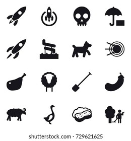 16 vector icon set : rocket, aquapark, dog, sheep, shovel, eggplant, goose, sponge with foam, garden cleaning