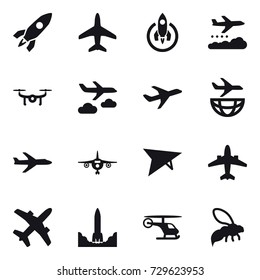 16 vector icon set : rocket, plane, weather management, drone, journey, deltaplane, airplane, wasp