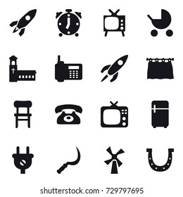 16 vector icon set : rocket, alarm clock, tv, baby stroller, church, curtain, chair, phone, fridge, sickle, windmill, horseshoe