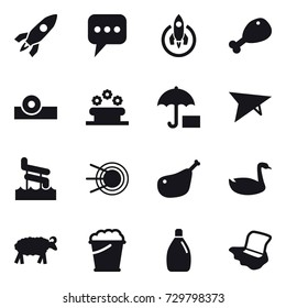 16 vector icon set : rocket, message, chicken leg, flower bed, deltaplane, aquapark, goose, sheep, foam bucket, cleanser, floor washing