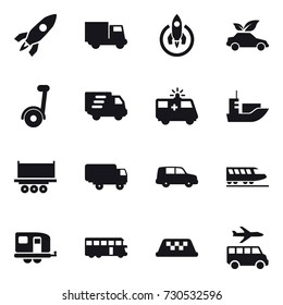 16 vector icon set : rocket, truck, eco car, segway, delivery, train, trailer, bus, taxi, transfer