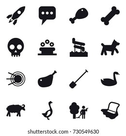 16 vector icon set : rocket, message, chicken leg, flower bed, aquapark, dog, shovel, goose, sheep, garden cleaning, floor washing