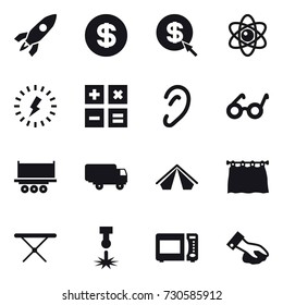 16 vector icon set : rocket, dollar, dollar arrow, atom, lightning, calculator, tent, curtain, iron board, wiping