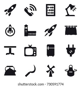 16 vector icon set : rocket, call, abacus, table lamp, church, curtain, table, tv, fridge, kettle, sickle, windmill, apron