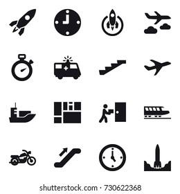 16 vector icon set : rocket, clock, journey, stopwatch, stairs, train, motorcycle, escalator, watch