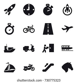 16 vector icon set : rocket, clock, stopwatch, bike, train, sail boat, motorcycle, escalator, horse