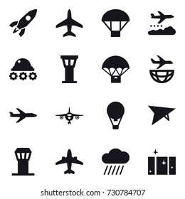 16 vector icon set : rocket, plane, parachute, weather management, lunar rover, airport tower, air ballon, deltaplane, airplane, rain cloud, clean  window