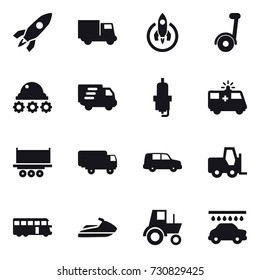 16 vector icon set : rocket, truck, segway, lunar rover, delivery, spark plug, bus, jet ski, tractor, car wash