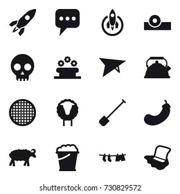 16 vector icon set : rocket, message, flower bed, deltaplane, kettle, sheep, shovel, eggplant, foam bucket, drying clothe, floor washing