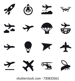16 vector icon set : rocket, weather management, drone, journey, plane, air ballon, deltaplane, airplane, departure, wasp