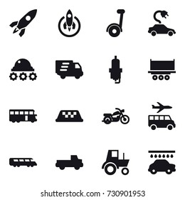 16 vector icon set : rocket, segway, electric car, lunar rover, delivery, spark plug, bus, taxi, motorcycle, transfer, pickup, tractor, car wash