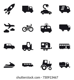 16 vector icon set : rocket, truck, electric car, delivery, journey, bike, trailer, bus, jet ski, tractor, sweeper