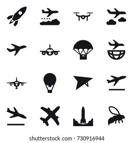 16 vector icon set : rocket, weather management, drone, journey, plane, air ballon, deltaplane, departure, arrival, wasp
