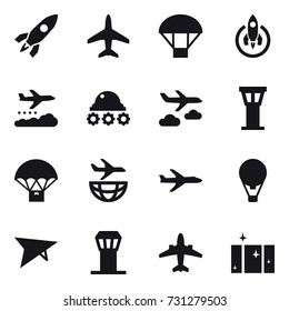 16 vector icon set : rocket, plane, parachute, weather management, lunar rover, journey, airport tower, air ballon, deltaplane, airplane, clean  window