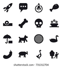 16 vector icon set : rocket, message, chicken leg, flower bed, dog, goose, eggplant, sheep, garden cleaning