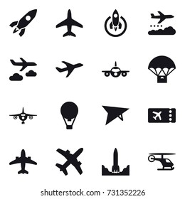 16 vector icon set : rocket, plane, weather management, journey, air ballon, deltaplane, ticket, airplane