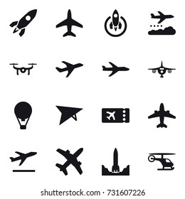 16 vector icon set : rocket, plane, weather management, drone, air ballon, deltaplane, ticket, airplane, departure