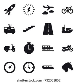 16 vector icon set : rocket, lightning, journey, bike, stairs, train, motorcycle, barometer, watch, horse