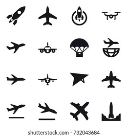 16 vector icon set : rocket, plane, drone, deltaplane, airplane, departure, arrival