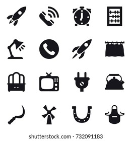 16 vector icon set : rocket, call, alarm clock, abacus, table lamp, phone, curtain, dresser, tv, kettle, sickle, windmill, horseshoe, apron
