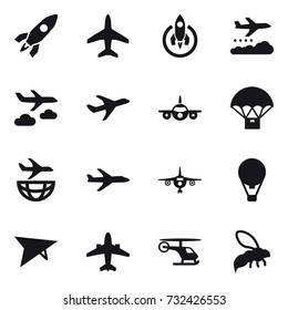 16 vector icon set : rocket, plane, weather management, journey, air ballon, deltaplane, airplane, wasp