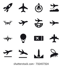16 vector icon set : rocket, plane, weather management, drone, air ballon, ticket, airplane, departure, arrival, wasp